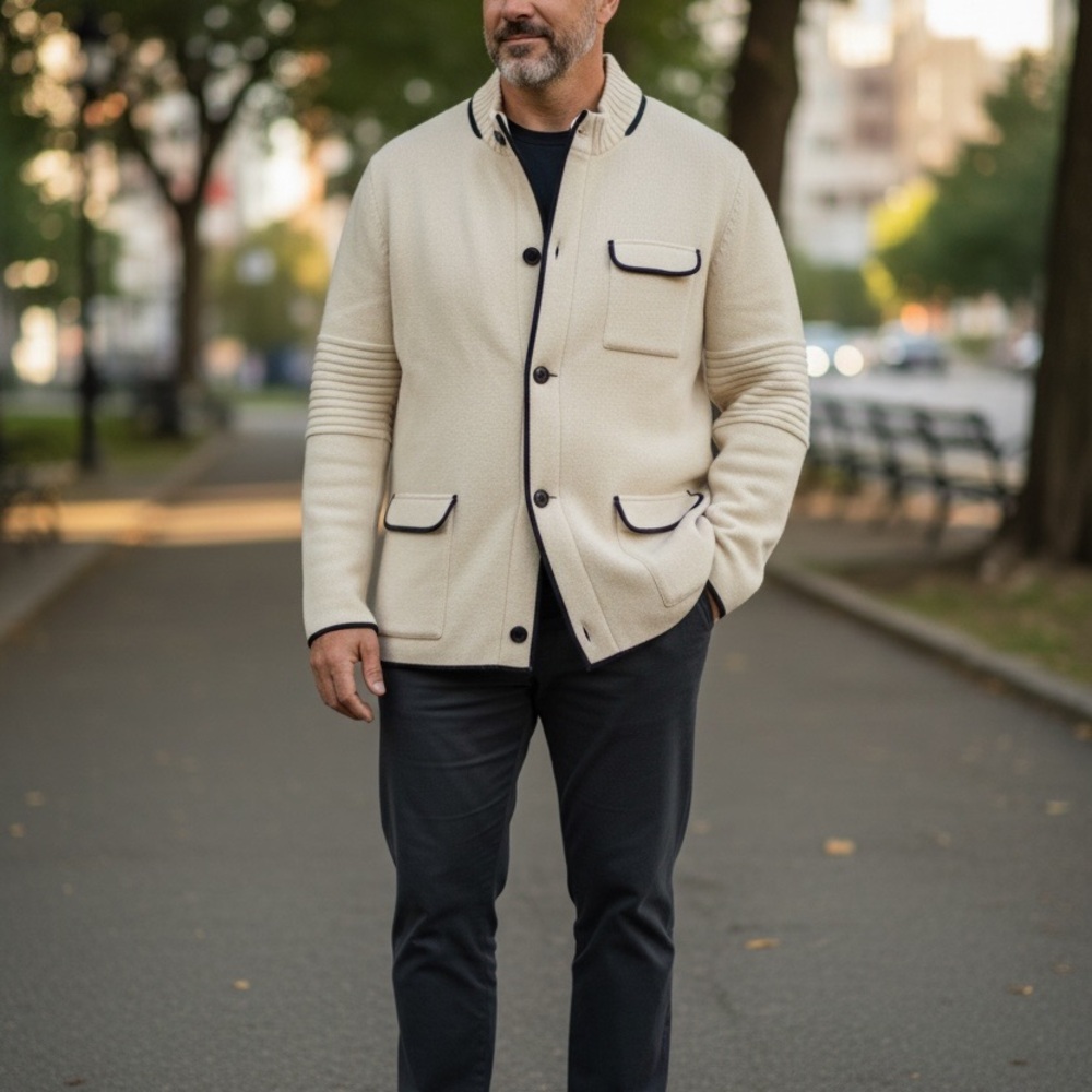 Pure wool men’s blazer with brown trim and details